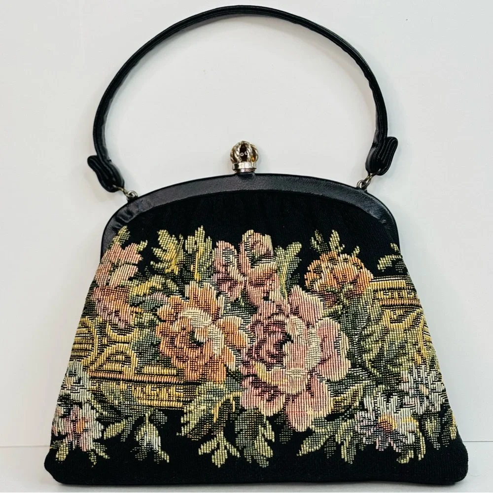 Vintage 1950’s Harry Levine Jewel Kiss Clasp Floral Tapestry Purse Leather Strap